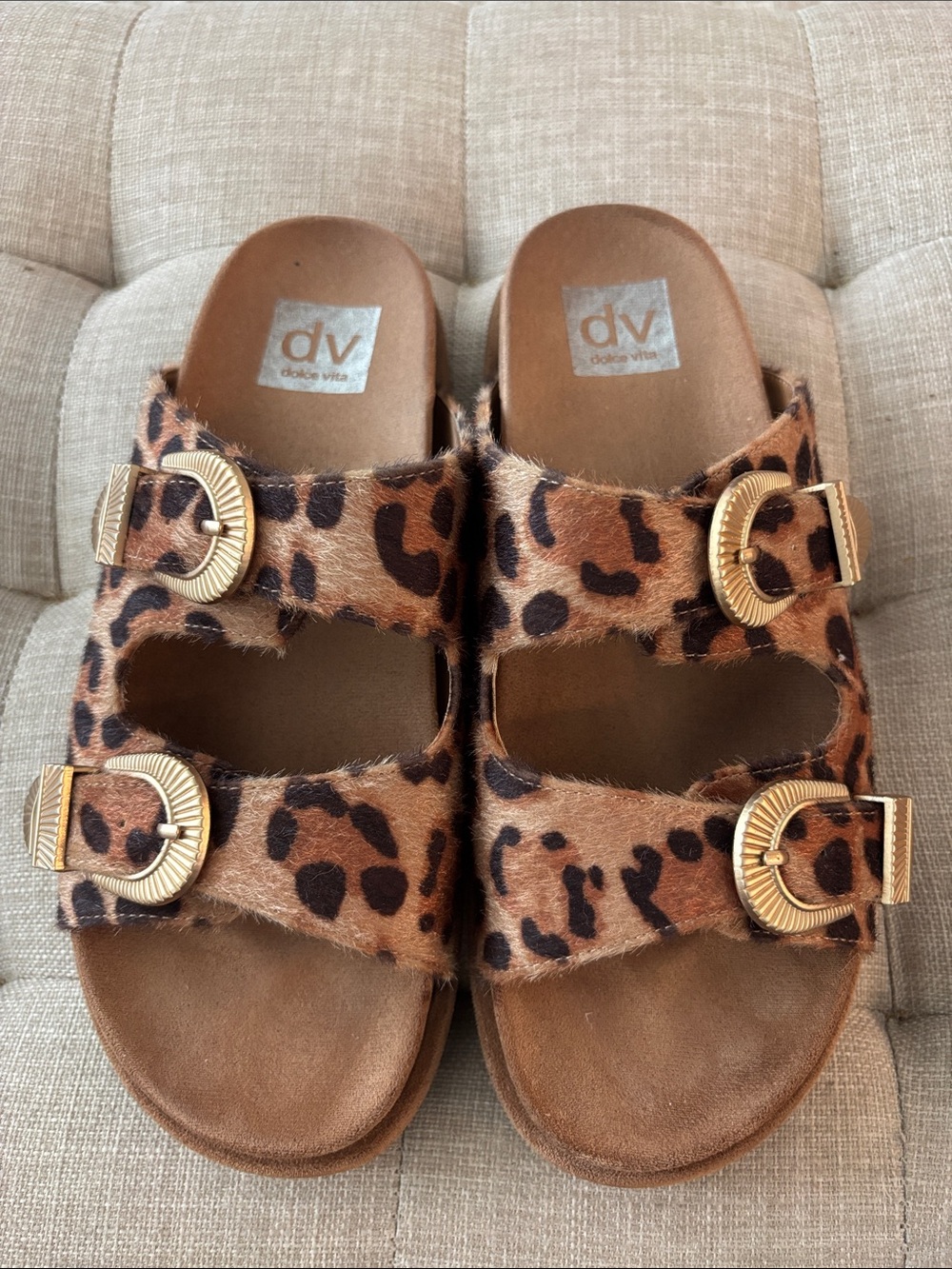 Dolce Vita Leopard Print Slide Sandals with Gold Buckles